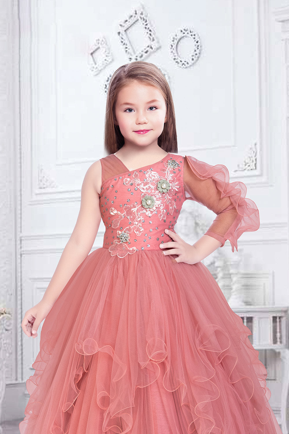 Buy Sequence and Patch Work 4 Layer Frill chamki Gown for Girls (3-4 Years,  Orange) at Amazon.in